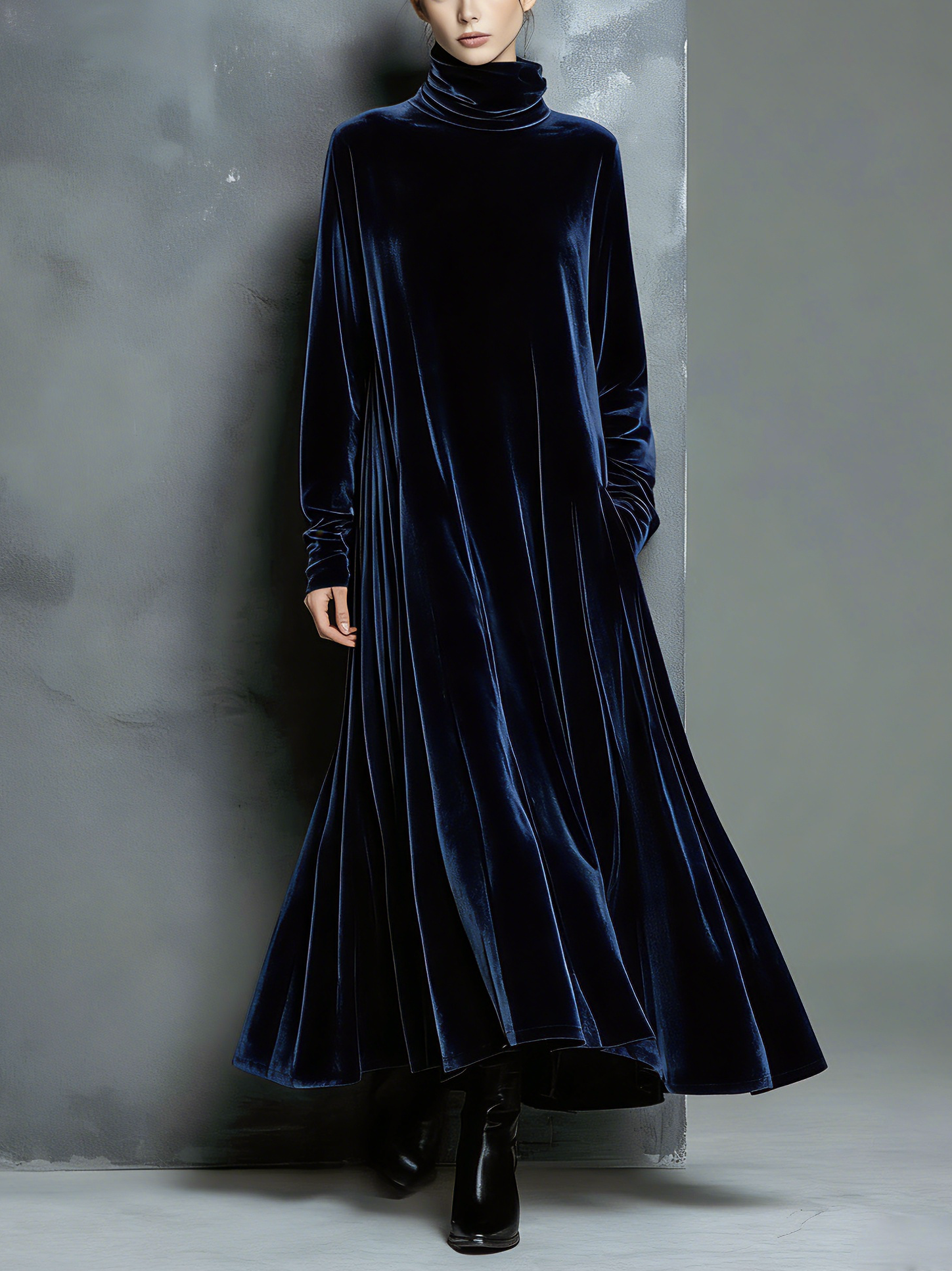 שמלת מקסי ארוכה לנשים בסגנון אלגנטי בצבע כחול נייבי עם צווארון גבוה ורחב MDZ1680A8AN