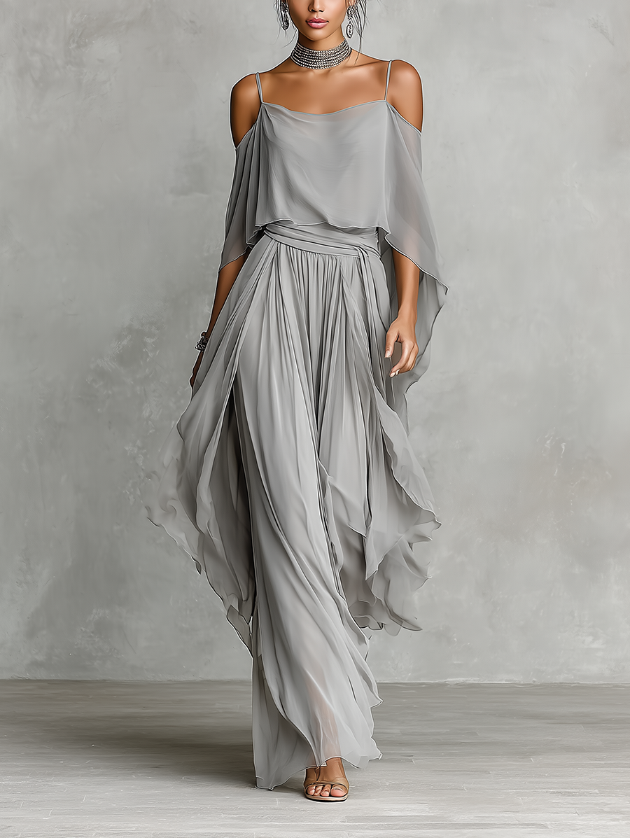 סט chiffon אפור לנשים עם פרטי כתף קרה וסילואט מתרחב, סט סגנון נשי-מודרני יוקרתי MDZ2651B6I