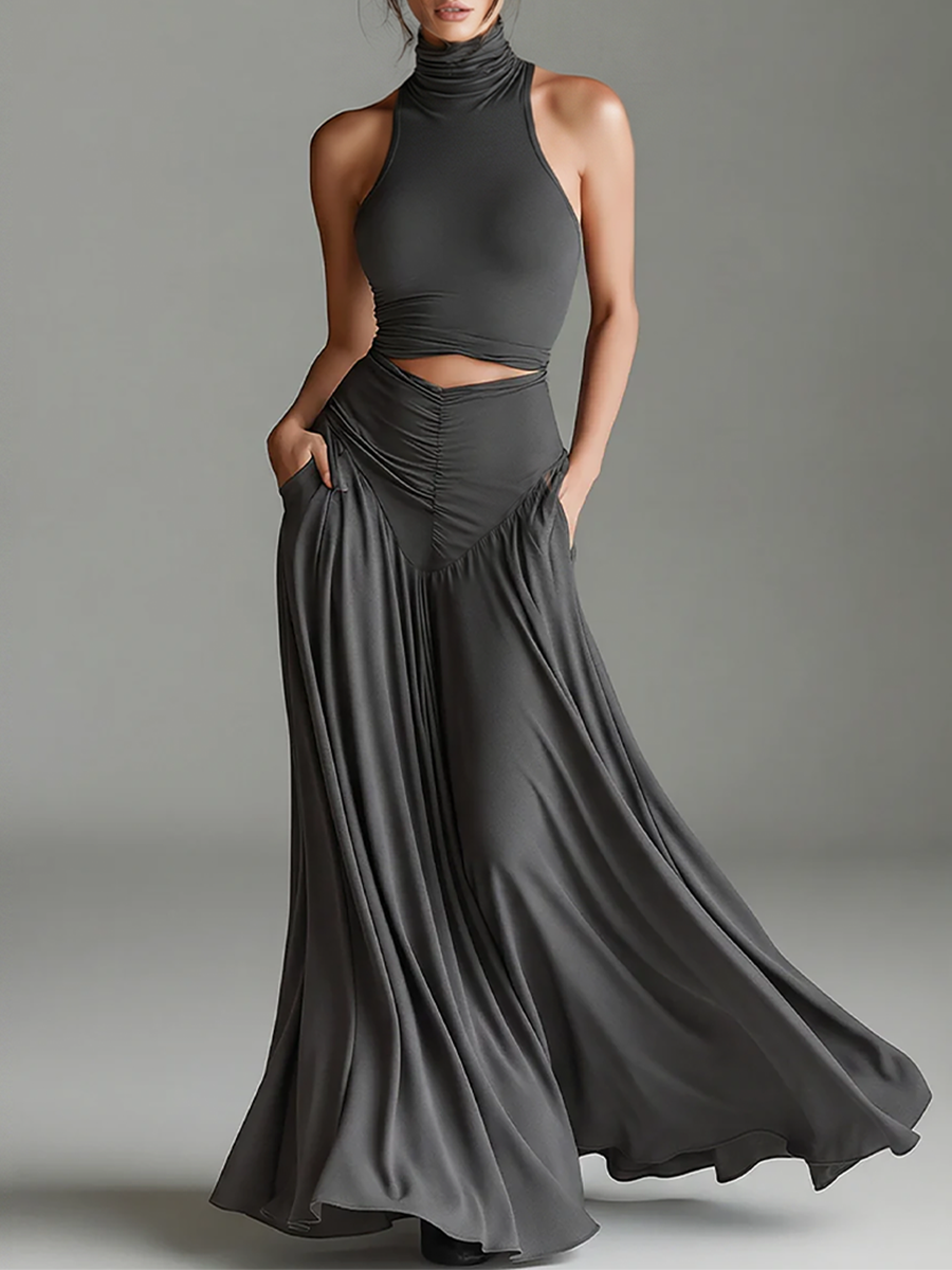 שמלת נשים אפורה כהה מבד סטרץ' עם צווארון גבוה וחיתוך במותן, סגנון מינימליסטי אלגנטי נצחי MDZ0960B2I
