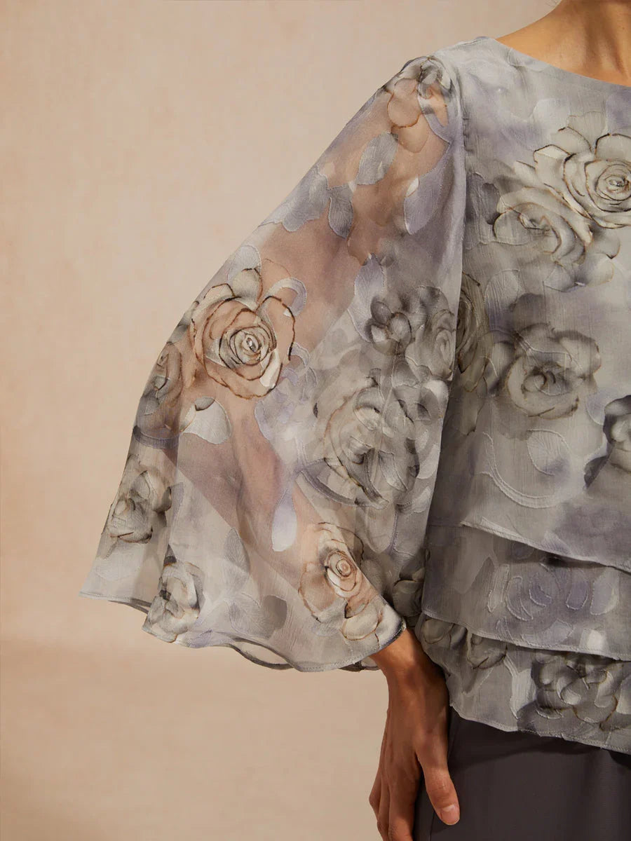 חולצת שכבות בשיפון עם תחרה ודפוס פרחוני