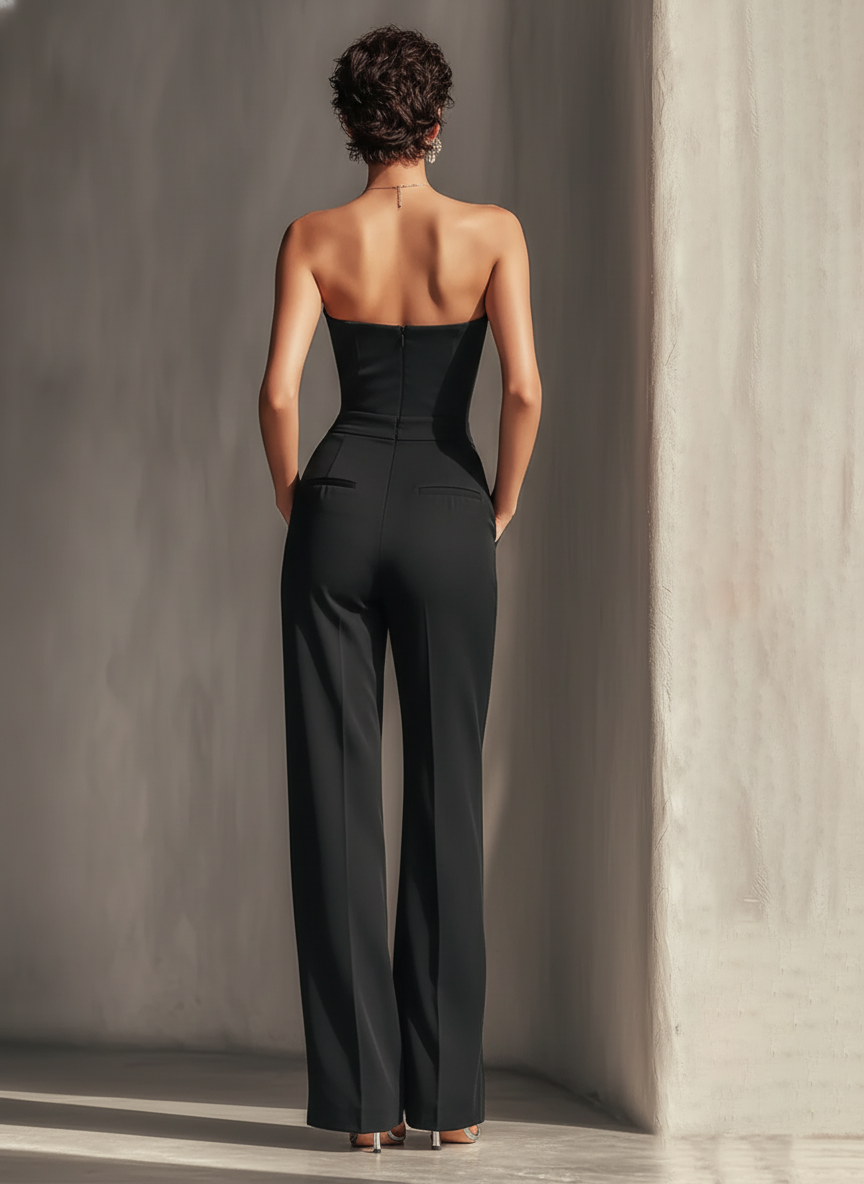 jumpsuit ללא רצועות נשים בשחור עם פסים אנכיים לבנים מנוגדים וכיסים צדדיים MDZ0336C7T
