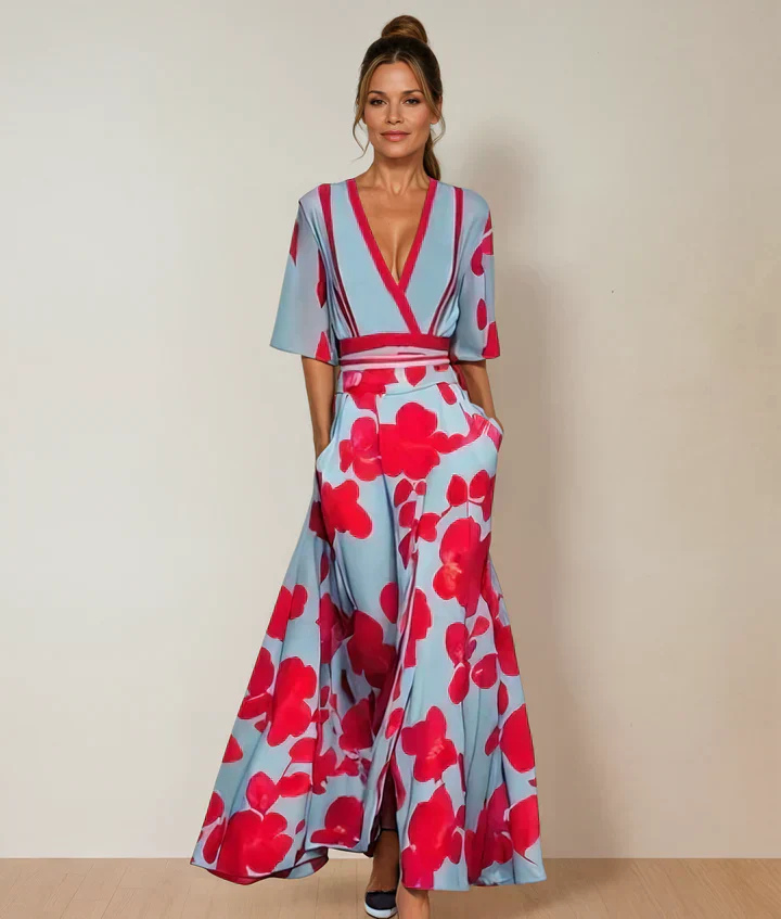 אספן | שמלת מקסי פרחונית עם צווארון V לנשים