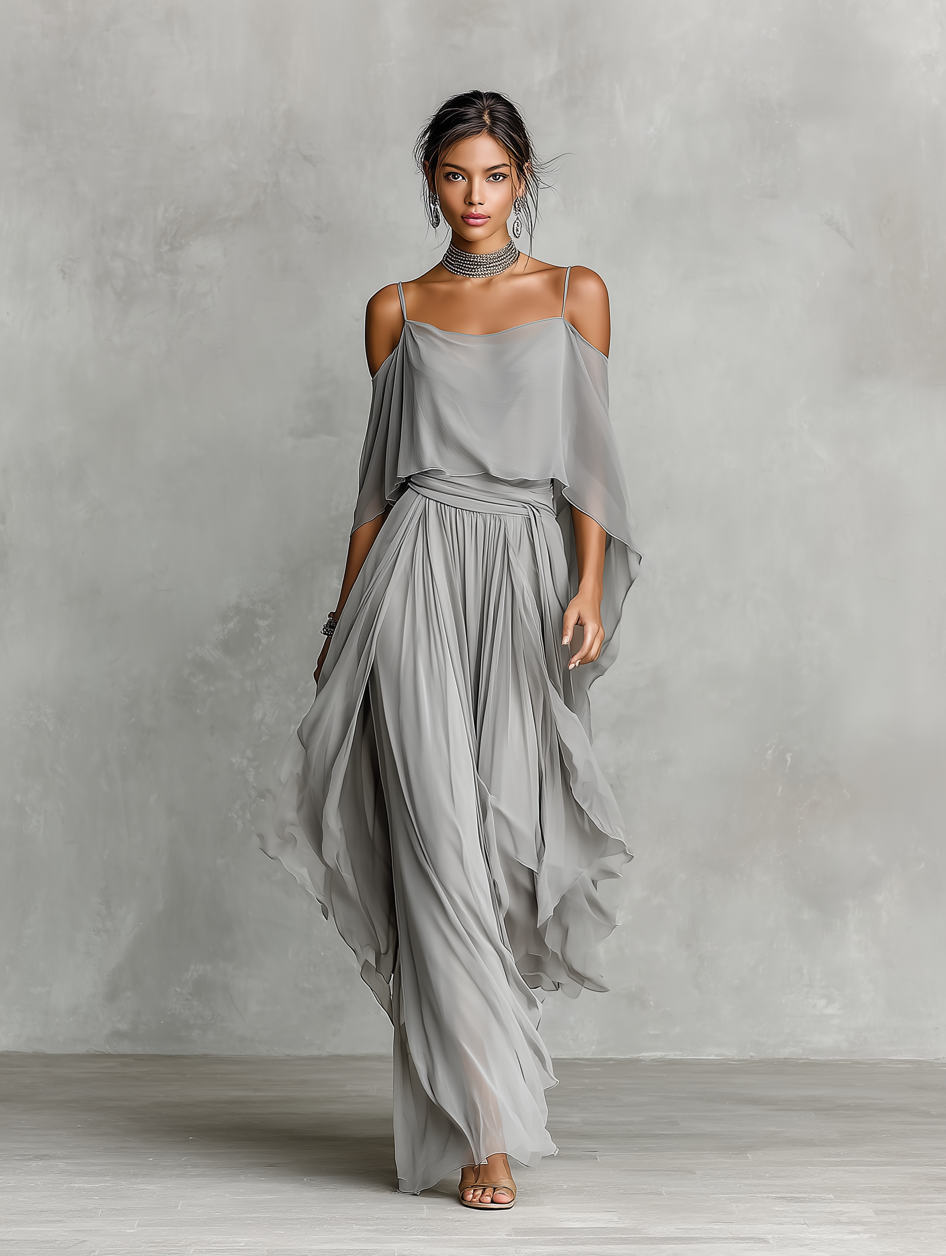 סט chiffon אפור לנשים עם פרטי כתף קרה וסילואט מתרחב, סט סגנון נשי-מודרני יוקרתי MDZ2651B6I